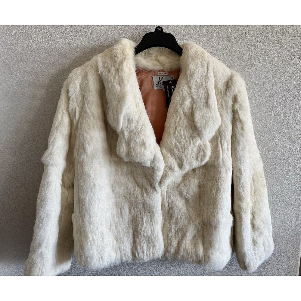 VTG Kamal Furs NWT Fluffy White Rabbit Fur Jacket Satin Lined Pockets Size L - Picture 3 of 13